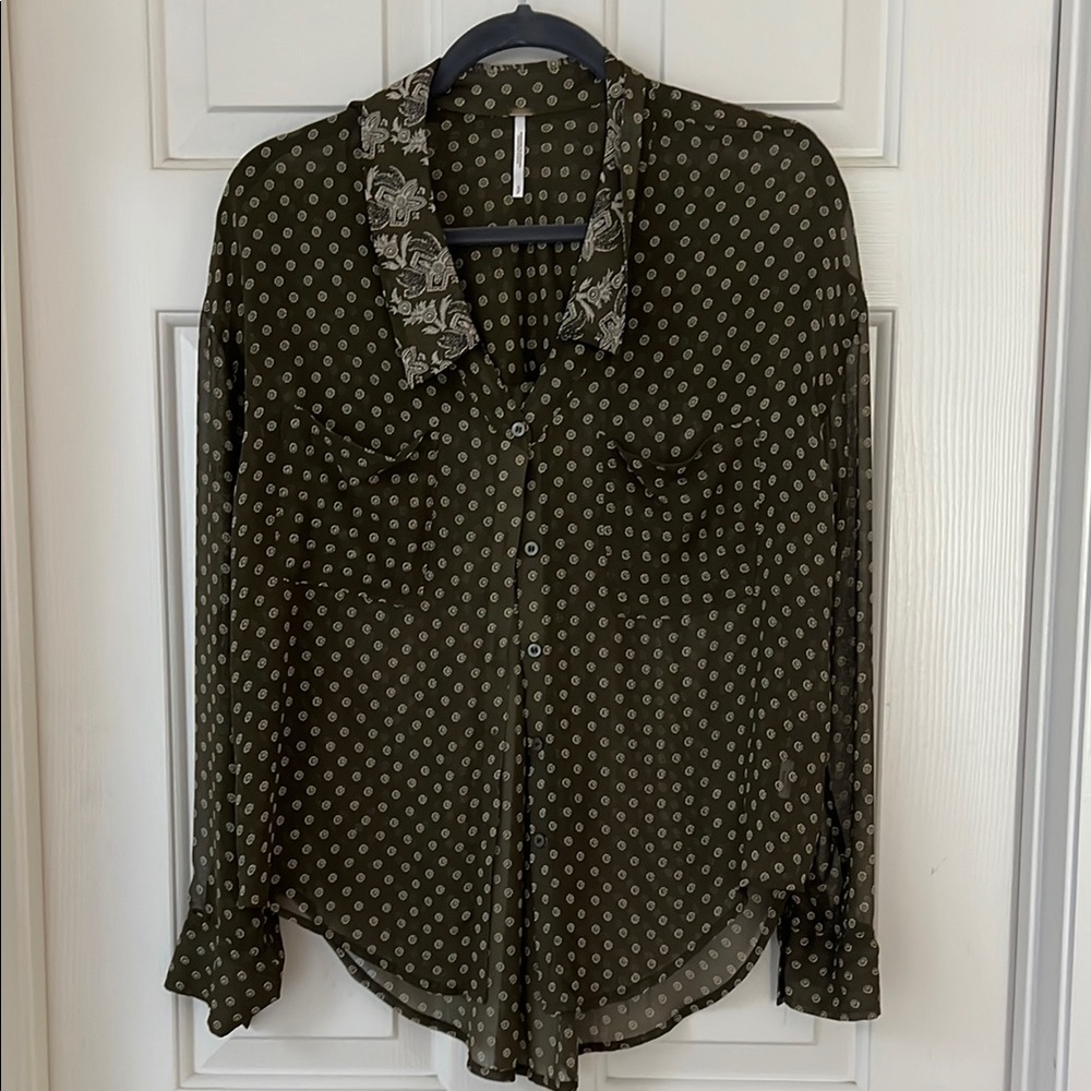 Olive Green Sheer Button-Up Blouse